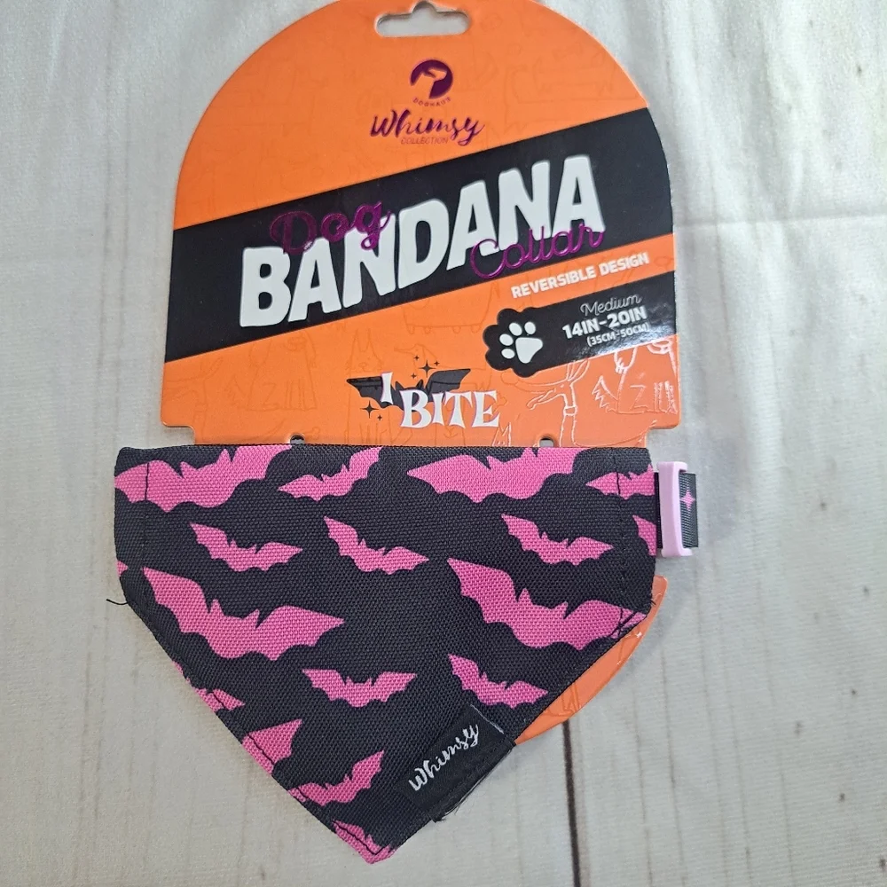 Black & Pink Bats Dog Bandana Collar Size Medium Reversible